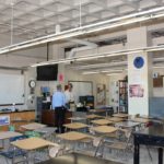 Undersized science classroom with limited space due to columns.